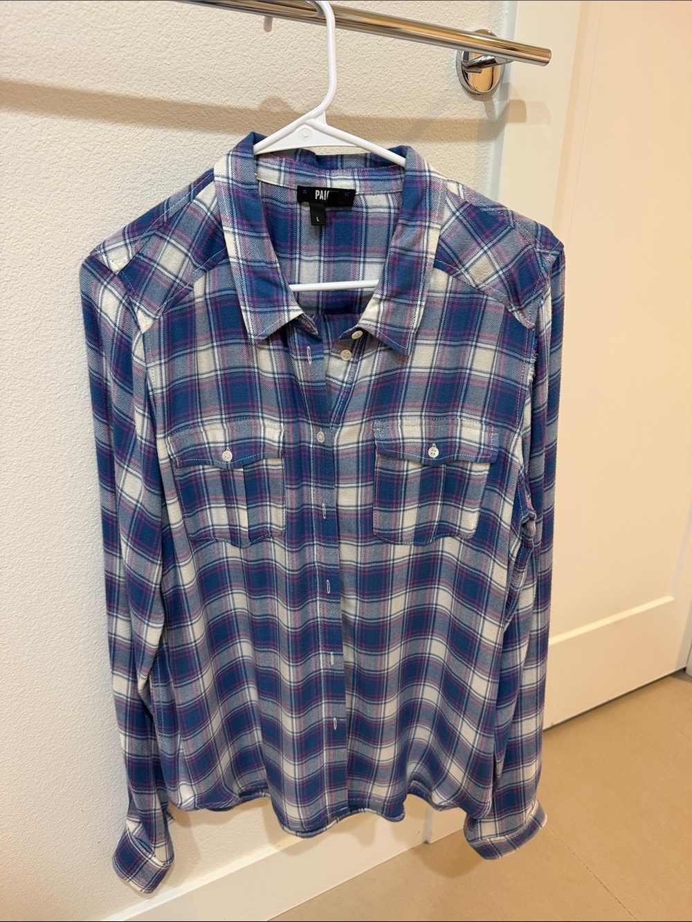 PAIGE Blue and White Plaid Men's Button-Down Shirt